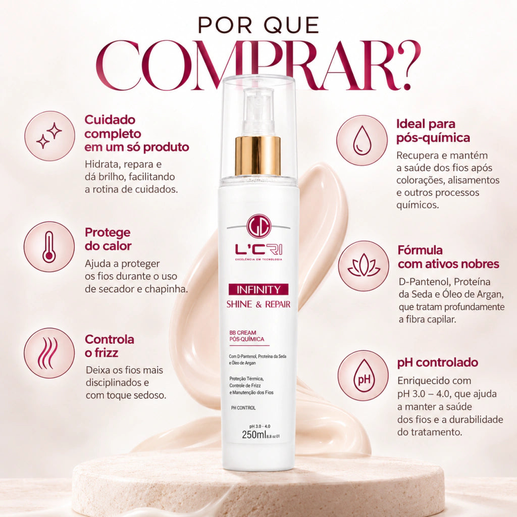 BB Cream Infinity Shine & Repair Pós Química L'Cri 250ml - imagem 2