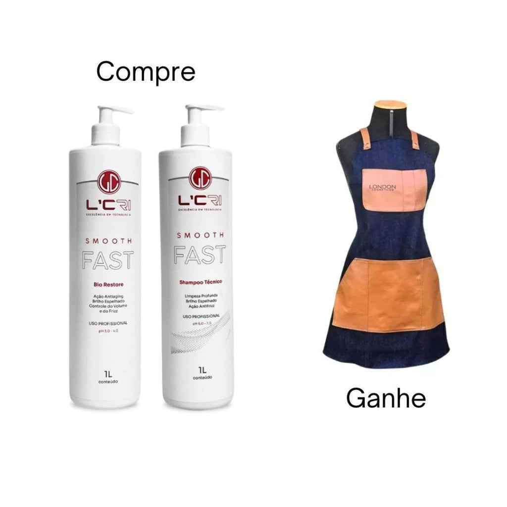 Kit Smooth Fast Alisamento Capilar 1L L'Cri com Avental Jeans